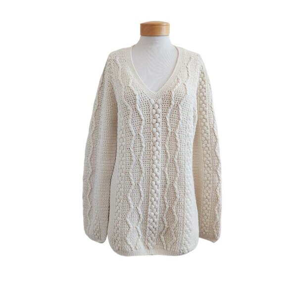 Homemade Chunky Cable Open Knit Cream V Neck Pullover Sweater Tunic Womens S - Picture 1 of 10